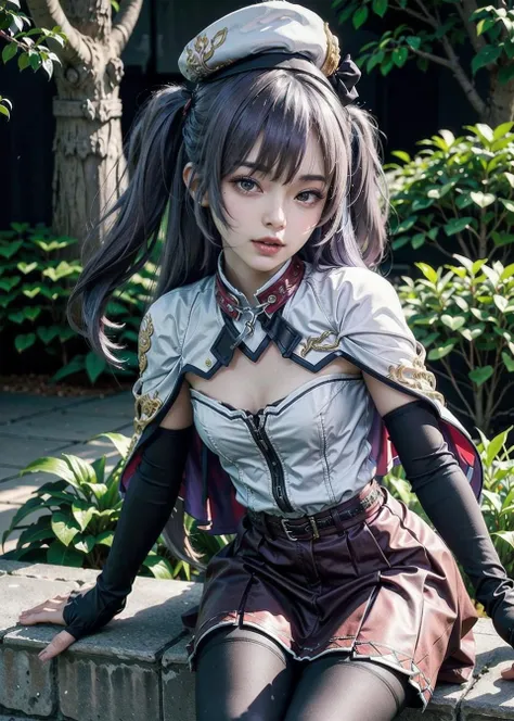 <lora:ajax_v1.0-000009:0.6>,purple_hair,two_side_up,long hair,red_eyes,red_skirt,hat,pantyhose, capelet, small breasts,outdoors,, masterpiece, best quality, extremely detailed face, sharp details, high contrast,
