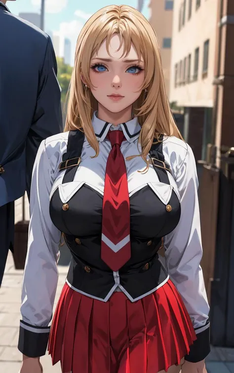 ((masterpiece, best quality)), insaneres, absurdres, solo, outdoors,
CLOTHING_BibleBlack_SchoolDress_ownwaifu, 
1girl, blonde hair,  long hair, blue eyes, 
black vest, red skirt, white shirt, collared shirt, suspenders, school uniform, black thighhighs, zettai ryouiki, necktie, long sleeves, pleated skirt, red necktie, 
(portrait, close-up)<lora:CLOTHING_BibleBlack_SchoolDress_ownwaifu:0.8>,
lens flare, depth of field, bokeh, embers, vanishing point, looking at viewer,