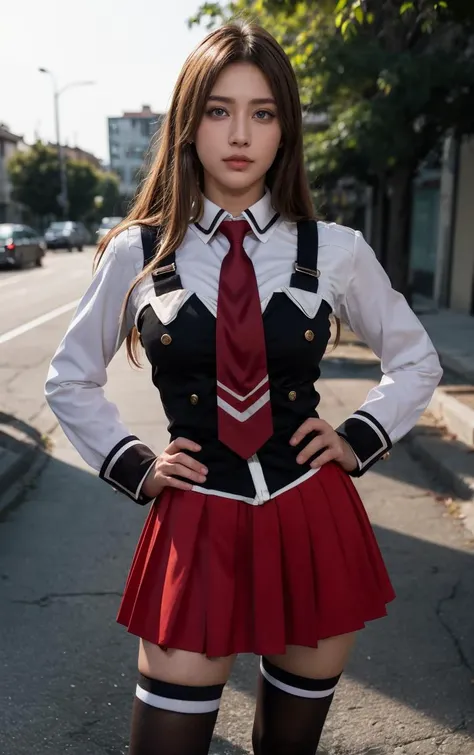 ((masterpiece, best quality)), insaneres, absurdres, solo, outdoors,
CLOTHING_BibleBlack_SchoolDress_ownwaifu,
1girl, blonde hair, long hair, blue eyes,
black vest, red skirt, white shirt, collared shirt, suspenders, school uniform, black thighhighs, zettai ryouiki, necktie, long sleeves, pleated skirt, red necktie,
(contrapposto, hand on hip)<lora:CLOTHING_BibleBlack_SchoolDress_ownwaifu:1>,
lens flare, depth of field, bokeh, embers, vanishing point, looking at viewer,