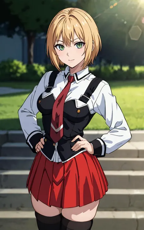 ((masterpiece, best quality)), insaneres, absurdres, solo, outdoors,
CLOTHING_BibleBlack_SchoolDress_ownwaifu, 
1girl, short hair, blonde hair, 
black vest, red skirt, white shirt, collared shirt, suspenders, school uniform, black thighhighs, zettai ryouiki, necktie, long sleeves, pleated skirt, red necktie, 
(contrapposto, hand on hip)<lora:CLOTHING_BibleBlack_SchoolDress_ownwaifu:1>,
lens flare, depth of field, bokeh, embers, vanishing point, looking at viewer,