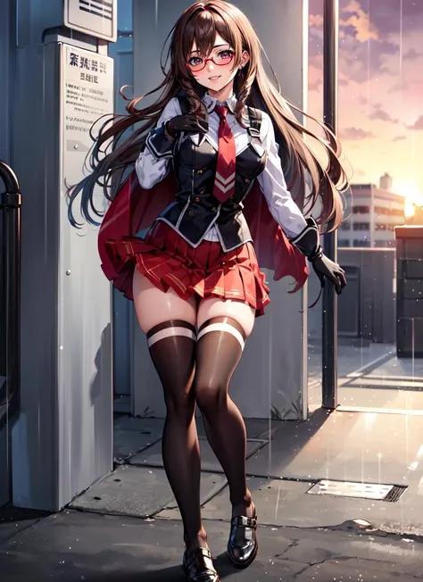 ((best quality)), ((highly detailed)), masterpiece, extremely detailed face, beautiful face, , <lora:more_details:.2>, (1girl), (glasses), dynamic pose, full body, <lora:BibleBlack_SchoolDress:.75>, CLOTHING_BibleBlack_SchoolDress_ownwaifu, white shirt, collared shirt, long sleeves, black vest, red necktie, red skirt, pleaded skirt, suspenders, zettai ryouiki, black thighhighs, superhero, spandex bodysuit, skin tight clothes, long cape, gloves, knee boots, (flying), smile, (outside, <lora:school_outdoors_v0.2:1>, at a school, building, gate, fence, sunset, raining)