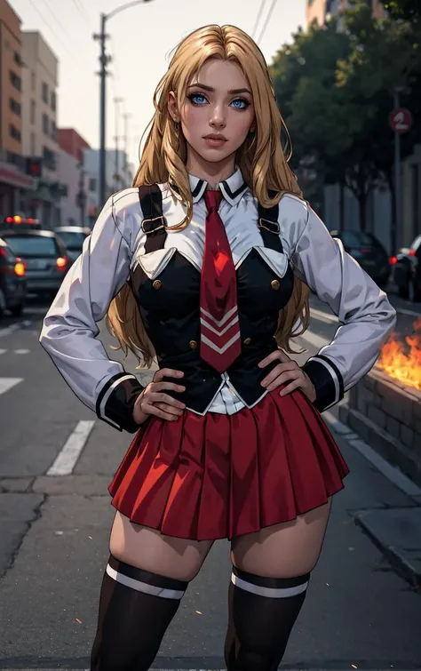 ((masterpiece, best quality)), insaneres, absurdres, solo, outdoors,
CLOTHING_BibleBlack_SchoolDress_ownwaifu, 
1girl, blonde hair,  long hair, blue eyes, 
black vest, red skirt, white shirt, collared shirt, suspenders, school uniform, black thighhighs, zettai ryouiki, necktie, long sleeves, pleated skirt, red necktie, 
(contrapposto, hand on hip)<lora:CLOTHING_BibleBlack_SchoolDress_ownwaifu:1>,
lens flare, depth of field, bokeh, embers, vanishing point, looking at viewer,