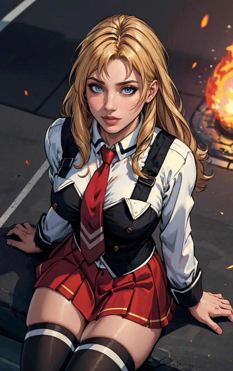 ((masterpiece, best quality)), insaneres, absurdres, solo, outdoors,
CLOTHING_BibleBlack_SchoolDress_ownwaifu,
1girl, blonde hair, long hair, blue eyes,
black vest, red skirt, white shirt, collared shirt, suspenders, school uniform, black thighhighs, zettai ryouiki, necktie, long sleeves, pleated skirt, red necktie,
(from above, sitting)<lora:CLOTHING_BibleBlack_SchoolDress_ownwaifu:0.9>,
lens flare, depth of field, bokeh, embers, vanishing point, looking at viewer,