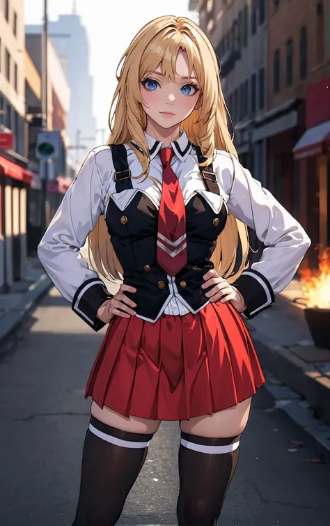 ((masterpiece, best quality)), insaneres, absurdres, solo, outdoors,
CLOTHING_BibleBlack_SchoolDress_ownwaifu, 
1girl, blonde hair,  long hair, blue eyes, 
black vest, red skirt, white shirt, collared shirt, suspenders, school uniform, black thighhighs, zettai ryouiki, necktie, long sleeves, pleated skirt, red necktie, 
(contrapposto, hand on hip)<lora:CLOTHING_BibleBlack_SchoolDress_ownwaifu:1>,
lens flare, depth of field, bokeh, embers, vanishing point, looking at viewer,