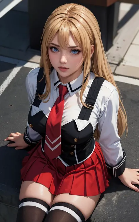 ((masterpiece, best quality)), insaneres, absurdres, solo, outdoors,
CLOTHING_BibleBlack_SchoolDress_ownwaifu,
1girl, blonde hair, long hair, blue eyes,
black vest, red skirt, white shirt, collared shirt, suspenders, school uniform, black thighhighs, zettai ryouiki, necktie, long sleeves, pleated skirt, red necktie,
(from above, sitting)<lora:CLOTHING_BibleBlack_SchoolDress_ownwaifu:0.9>,
lens flare, depth of field, bokeh, embers, vanishing point, looking at viewer,
