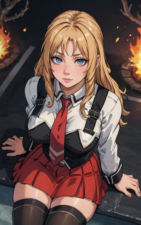 ((masterpiece, best quality)), insaneres, absurdres, solo, outdoors,
CLOTHING_BibleBlack_SchoolDress_ownwaifu, 
1girl, blonde hair,  long hair, blue eyes, 
black vest, red skirt, white shirt, collared shirt, suspenders, school uniform, black thighhighs, zettai ryouiki, necktie, long sleeves, pleated skirt, red necktie, 
(from above, sitting)<lora:CLOTHING_BibleBlack_SchoolDress_ownwaifu:0.9>,
lens flare, depth of field, bokeh, embers, vanishing point, looking at viewer,