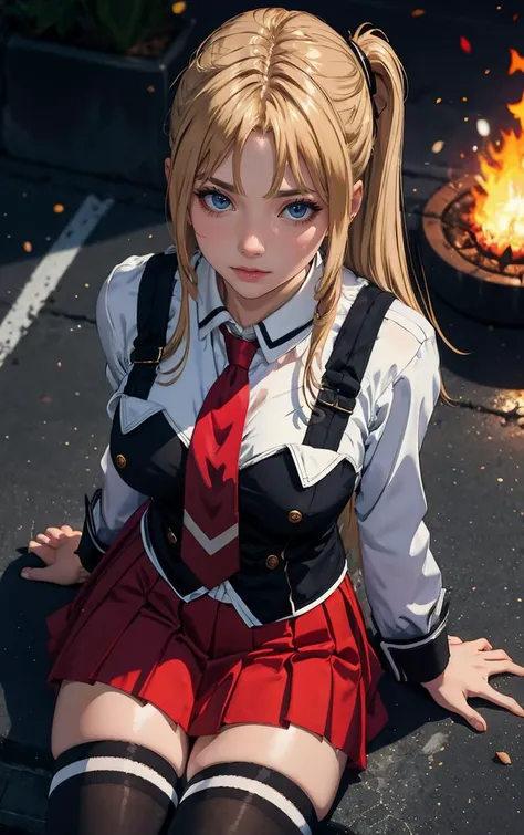 ((masterpiece, best quality)), insaneres, absurdres, solo, outdoors,
CLOTHING_BibleBlack_SchoolDress_ownwaifu, 
1girl, blonde hair,  long hair, blue eyes, 
black vest, red skirt, white shirt, collared shirt, suspenders, school uniform, black thighhighs, zettai ryouiki, necktie, long sleeves, pleated skirt, red necktie, 
(from above, sitting)<lora:CLOTHING_BibleBlack_SchoolDress_ownwaifu:0.9>,
lens flare, depth of field, bokeh, embers, vanishing point, looking at viewer,