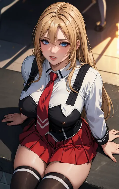 ((masterpiece, best quality)), insaneres, absurdres, solo, outdoors,
CLOTHING_BibleBlack_SchoolDress_ownwaifu, 
1girl, blonde hair,  long hair, blue eyes, 
black vest, red skirt, white shirt, collared shirt, suspenders, school uniform, black thighhighs, zettai ryouiki, necktie, long sleeves, pleated skirt, red necktie, 
(from above, sitting)<lora:CLOTHING_BibleBlack_SchoolDress_ownwaifu:0.9>,
lens flare, depth of field, bokeh, embers, vanishing point, looking at viewer,