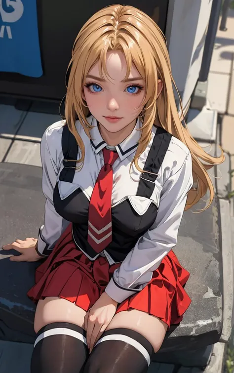 ((masterpiece, best quality)), insaneres, absurdres, solo, outdoors,
CLOTHING_BibleBlack_SchoolDress_ownwaifu, 
1girl, blonde hair,  long hair, blue eyes, 
black vest, red skirt, white shirt, collared shirt, suspenders, school uniform, black thighhighs, zettai ryouiki, necktie, long sleeves, pleated skirt, red necktie, 
(from above, sitting)<lora:CLOTHING_BibleBlack_SchoolDress_ownwaifu:0.9>,
lens flare, depth of field, bokeh, embers, vanishing point, looking at viewer,