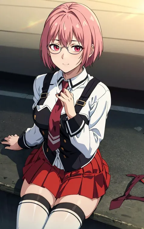((masterpiece, best quality)), insaneres, absurdres, solo, outdoors,
CLOTHING_BibleBlack_SchoolDress_ownwaifu, 
1girl, pink hair, short hair, 
black vest, red skirt, white shirt, collared shirt, suspenders, school uniform, black thighhighs, zettai ryouiki, necktie, long sleeves, pleated skirt, red necktie, 
(from above, sitting)<lora:CLOTHING_BibleBlack_SchoolDress_ownwaifu:0.9>,
lens flare, depth of field, bokeh, embers, vanishing point, looking at viewer,