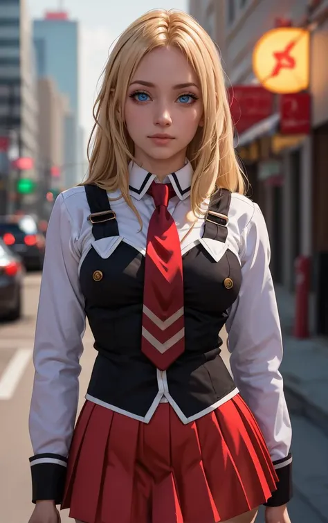((masterpiece, best quality)), insaneres, absurdres, solo, outdoors,
CLOTHING_BibleBlack_SchoolDress_ownwaifu,
1girl, blonde hair, long hair, blue eyes,
black vest, red skirt, white shirt, collared shirt, suspenders, school uniform, black thighhighs, zettai ryouiki, necktie, long sleeves, pleated skirt, red necktie,
(portrait, close-up)<lora:CLOTHING_BibleBlack_SchoolDress_ownwaifu:0.8>,
lens flare, depth of field, bokeh, embers, vanishing point, looking at viewer,