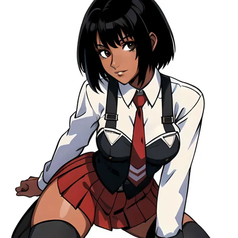 masterpiece, best quality, 1girl, solo, looking at viewer, mature female, brown eyes, medium breasts, collarbone, cleavage, bangs, medium hair, messy hair, black hair, dark-skinned female, <lora:OldROStyle-000008:0.4> <lora:CLOTHING_BibleBlack_SchoolDress_ownwaifu:0.6> black vest, red skirt, white shirt, collared shirt, suspenders, school uniform, black thighhighs, zettai ryouiki, necktie, long sleeves, pleated skirt, red necktie, flat colors, white background