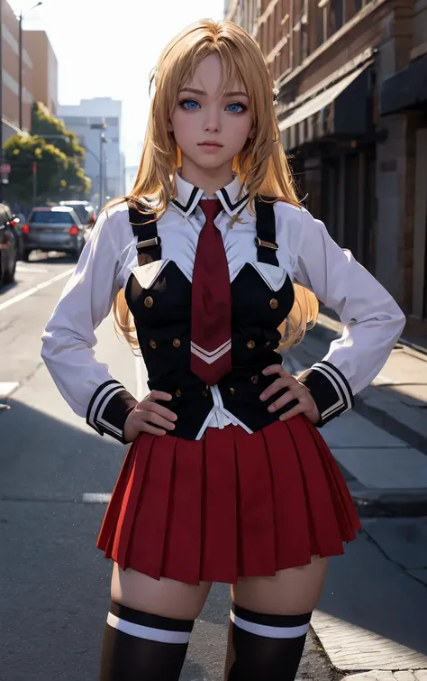 ((masterpiece, best quality)), insaneres, absurdres, solo, outdoors,
CLOTHING_BibleBlack_SchoolDress_ownwaifu, 
1girl, blonde hair,  long hair, blue eyes, 
black vest, red skirt, white shirt, collared shirt, suspenders, school uniform, black thighhighs, zettai ryouiki, necktie, long sleeves, pleated skirt, red necktie, 
(contrapposto, hand on hip)<lora:CLOTHING_BibleBlack_SchoolDress_ownwaifu:1>,
lens flare, depth of field, bokeh, embers, vanishing point, looking at viewer,