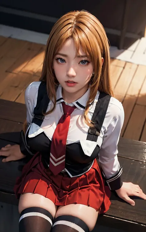 ((masterpiece, best quality)), insaneres, absurdres, solo, outdoors,
CLOTHING_BibleBlack_SchoolDress_ownwaifu,
1girl, blonde hair, long hair, blue eyes,
black vest, red skirt, white shirt, collared shirt, suspenders, school uniform, black thighhighs, zettai ryouiki, necktie, long sleeves, pleated skirt, red necktie,
(from above, sitting)<lora:CLOTHING_BibleBlack_SchoolDress_ownwaifu:0.9>,
lens flare, depth of field, bokeh, embers, vanishing point, looking at viewer,