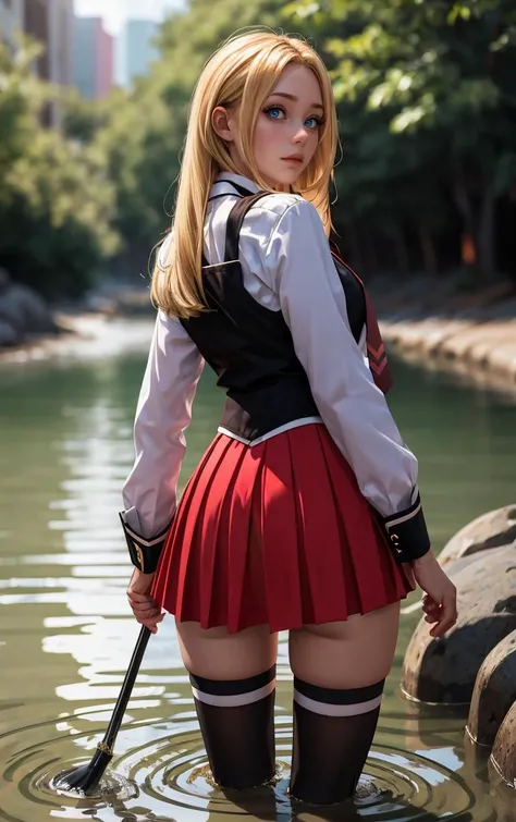 ((masterpiece, best quality)), insaneres, absurdres, solo, outdoors,
CLOTHING_BibleBlack_SchoolDress_ownwaifu,
1girl, blonde hair, long hair, blue eyes,
black vest, red skirt, white shirt, collared shirt, suspenders, school uniform, black thighhighs, zettai ryouiki, necktie, long sleeves, pleated skirt, red necktie,
(wading, looking back), water,<lora:CLOTHING_BibleBlack_SchoolDress_ownwaifu:0.75>,
lens flare, depth of field, bokeh, embers, vanishing point, looking at viewer,