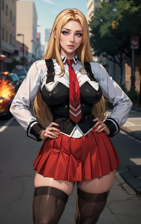 ((masterpiece, best quality)), insaneres, absurdres, solo, outdoors,
CLOTHING_BibleBlack_SchoolDress_ownwaifu,
1girl, blonde hair, long hair, blue eyes,
black vest, red skirt, white shirt, collared shirt, suspenders, school uniform, black thighhighs, zettai ryouiki, necktie, long sleeves, pleated skirt, red necktie,
(contrapposto, hand on hip)<lora:CLOTHING_BibleBlack_SchoolDress_ownwaifu:1>,
lens flare, depth of field, bokeh, embers, vanishing point, looking at viewer,