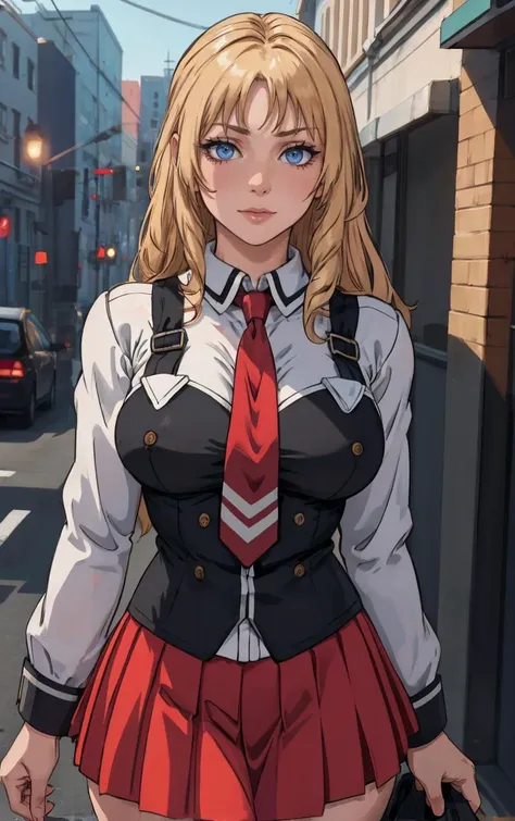 ((masterpiece, best quality)), insaneres, absurdres, solo, outdoors,
CLOTHING_BibleBlack_SchoolDress_ownwaifu, 
1girl, blonde hair,  long hair, blue eyes, 
black vest, red skirt, white shirt, collared shirt, suspenders, school uniform, black thighhighs, zettai ryouiki, necktie, long sleeves, pleated skirt, red necktie, 
(portrait, close-up)<lora:CLOTHING_BibleBlack_SchoolDress_ownwaifu:0.8>,
lens flare, depth of field, bokeh, embers, vanishing point, looking at viewer,