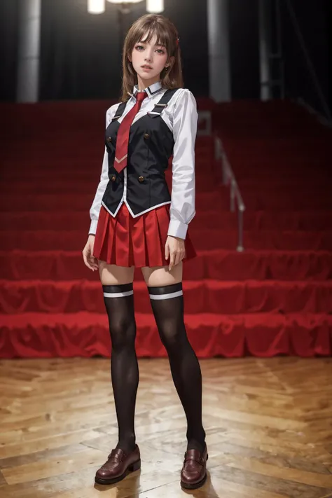 8K,highres,absurdres,masterpiece,best quality,original,extremely detailed CG,extremely detailed wallpaper,perfect lighting,1girl,blurry background,looking at viewer,standing on the stage,<lyco:GoodHands-beta2:1>,
<lora:CLOTHING_BibleBlack_SchoolDress_ownwaifu:0.7>, CLOTHING_BibleBlack_SchoolDress_ownwaifu,black vest,red skirt,white shirt,collared shirt,suspenders,school uniform,black thighhighs,zettai ryouiki,necktie,long sleeves,pleated skirt,red necktie,