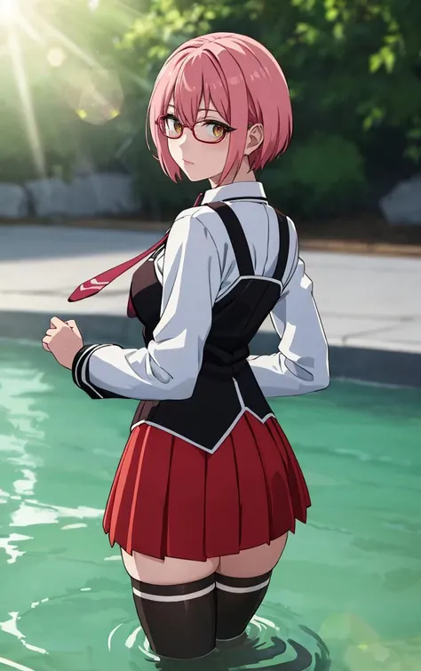 ((masterpiece, best quality)), insaneres, absurdres, solo, outdoors,
CLOTHING_BibleBlack_SchoolDress_ownwaifu,
1girl, pink hair, short hair,
black vest, red skirt, white shirt, collared shirt, suspenders, school uniform, black thighhighs, zettai ryouiki, necktie, long sleeves, pleated skirt, red necktie,
(wading, looking back), water,<lora:CLOTHING_BibleBlack_SchoolDress_ownwaifu:0.75>,
lens flare, depth of field, bokeh, embers, vanishing point, looking at viewer,