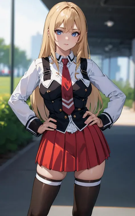 ((masterpiece, best quality)), insaneres, absurdres, solo, outdoors,
CLOTHING_BibleBlack_SchoolDress_ownwaifu,
1girl, blonde hair, long hair, blue eyes,
black vest, red skirt, white shirt, collared shirt, suspenders, school uniform, black thighhighs, zettai ryouiki, necktie, long sleeves, pleated skirt, red necktie,
(contrapposto, hand on hip)<lora:CLOTHING_BibleBlack_SchoolDress_ownwaifu:1>,
lens flare, depth of field, bokeh, embers, vanishing point, looking at viewer,