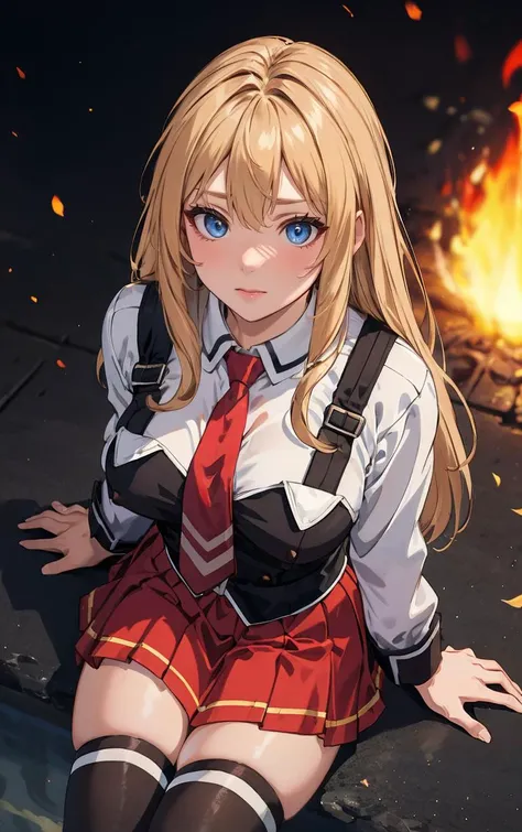 ((masterpiece, best quality)), insaneres, absurdres, solo, outdoors,
CLOTHING_BibleBlack_SchoolDress_ownwaifu, 
1girl, blonde hair,  long hair, blue eyes, 
black vest, red skirt, white shirt, collared shirt, suspenders, school uniform, black thighhighs, zettai ryouiki, necktie, long sleeves, pleated skirt, red necktie, 
(from above, sitting)<lora:CLOTHING_BibleBlack_SchoolDress_ownwaifu:0.9>,
lens flare, depth of field, bokeh, embers, vanishing point, looking at viewer,