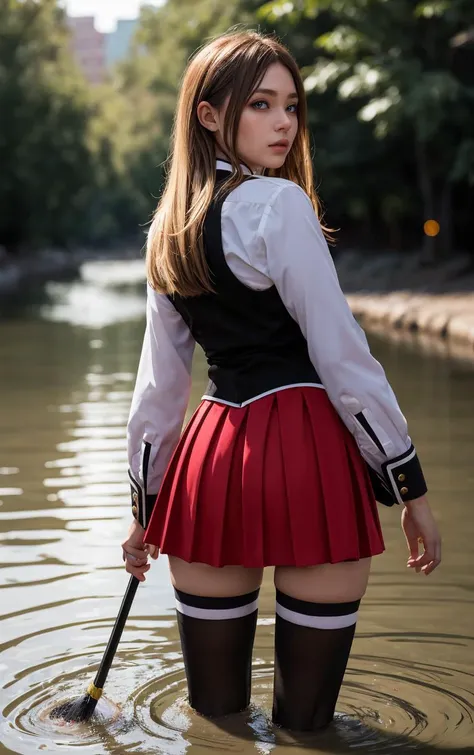 ((masterpiece, best quality)), insaneres, absurdres, solo, outdoors,
CLOTHING_BibleBlack_SchoolDress_ownwaifu, 
1girl, blonde hair,  long hair, blue eyes, 
black vest, red skirt, white shirt, collared shirt, suspenders, school uniform, black thighhighs, zettai ryouiki, necktie, long sleeves, pleated skirt, red necktie, 
(wading, looking back), water,<lora:CLOTHING_BibleBlack_SchoolDress_ownwaifu:0.75>,
lens flare, depth of field, bokeh, embers, vanishing point, looking at viewer,