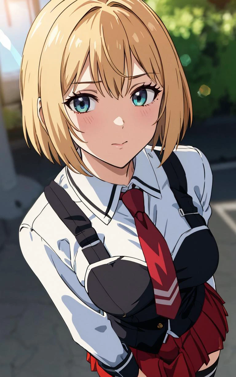 ((masterpiece, best quality)), insaneres, absurdres, solo, outdoors,
CLOTHING_BibleBlack_SchoolDress_ownwaifu,
1girl, short hair, blonde hair,
black vest, red skirt, white shirt, collared shirt, suspenders, school uniform, black thighhighs, zettai ryouiki, necktie, long sleeves, pleated skirt, red necktie,
(portrait, close-up)<lora:CLOTHING_BibleBlack_SchoolDress_ownwaifu:0.8>,
lens flare, depth of field, bokeh, embers, vanishing point, looking at viewer,