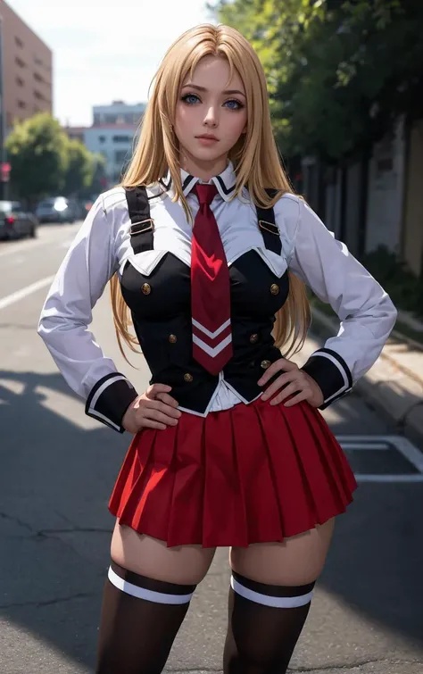 ((masterpiece, best quality)), insaneres, absurdres, solo, outdoors,
CLOTHING_BibleBlack_SchoolDress_ownwaifu, 
1girl, blonde hair,  long hair, blue eyes, 
black vest, red skirt, white shirt, collared shirt, suspenders, school uniform, black thighhighs, zettai ryouiki, necktie, long sleeves, pleated skirt, red necktie, 
(contrapposto, hand on hip)<lora:CLOTHING_BibleBlack_SchoolDress_ownwaifu:1>,
lens flare, depth of field, bokeh, embers, vanishing point, looking at viewer,