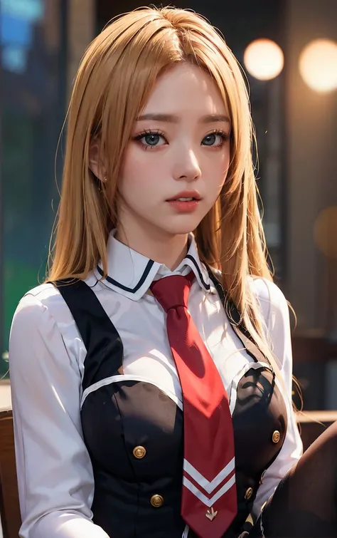 1girl,big breast, blonde hair, red eyes,high quality, ultra detailed, masterpiece, realistic,blazer school, twintail,