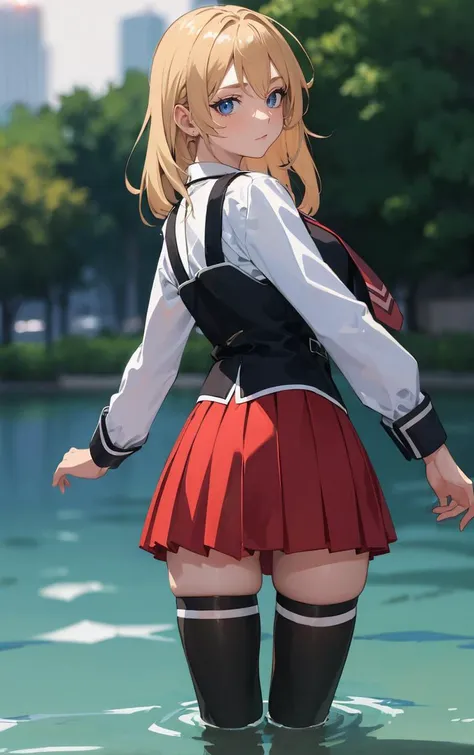 ((masterpiece, best quality)), insaneres, absurdres, solo, outdoors,
CLOTHING_BibleBlack_SchoolDress_ownwaifu,
1girl, blonde hair, long hair, blue eyes,
black vest, red skirt, white shirt, collared shirt, suspenders, school uniform, black thighhighs, zettai ryouiki, necktie, long sleeves, pleated skirt, red necktie,
(wading, looking back), water,<lora:CLOTHING_BibleBlack_SchoolDress_ownwaifu:0.75>,
lens flare, depth of field, bokeh, embers, vanishing point, looking at viewer,