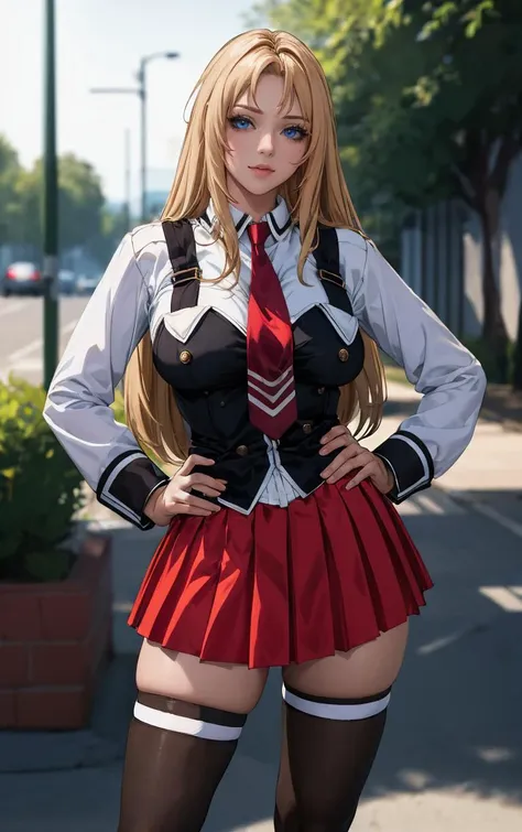 ((masterpiece, best quality)), insaneres, absurdres, solo, outdoors,
CLOTHING_BibleBlack_SchoolDress_ownwaifu, 
1girl, blonde hair,  long hair, blue eyes, 
black vest, red skirt, white shirt, collared shirt, suspenders, school uniform, black thighhighs, zettai ryouiki, necktie, long sleeves, pleated skirt, red necktie, 
(contrapposto, hand on hip)<lora:CLOTHING_BibleBlack_SchoolDress_ownwaifu:1>,
lens flare, depth of field, bokeh, embers, vanishing point, looking at viewer,