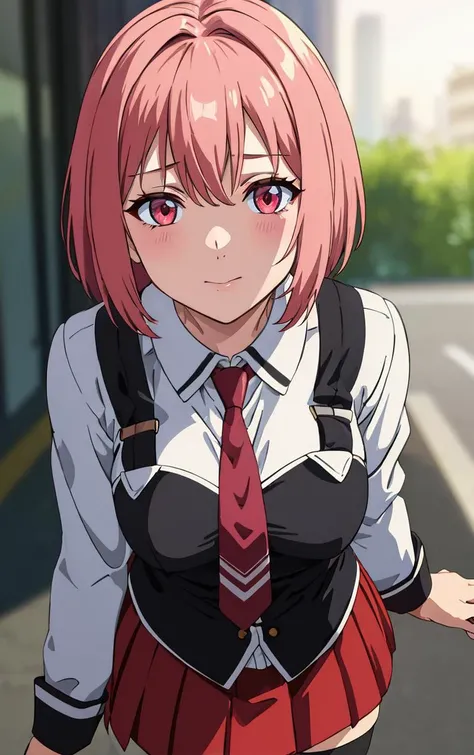 ((masterpiece, best quality)), insaneres, absurdres, solo, outdoors,
CLOTHING_BibleBlack_SchoolDress_ownwaifu,
1girl, pink hair, short hair,
black vest, red skirt, white shirt, collared shirt, suspenders, school uniform, black thighhighs, zettai ryouiki, necktie, long sleeves, pleated skirt, red necktie,
(portrait, close-up)<lora:CLOTHING_BibleBlack_SchoolDress_ownwaifu:0.8>,
lens flare, depth of field, bokeh, embers, vanishing point, looking at viewer,