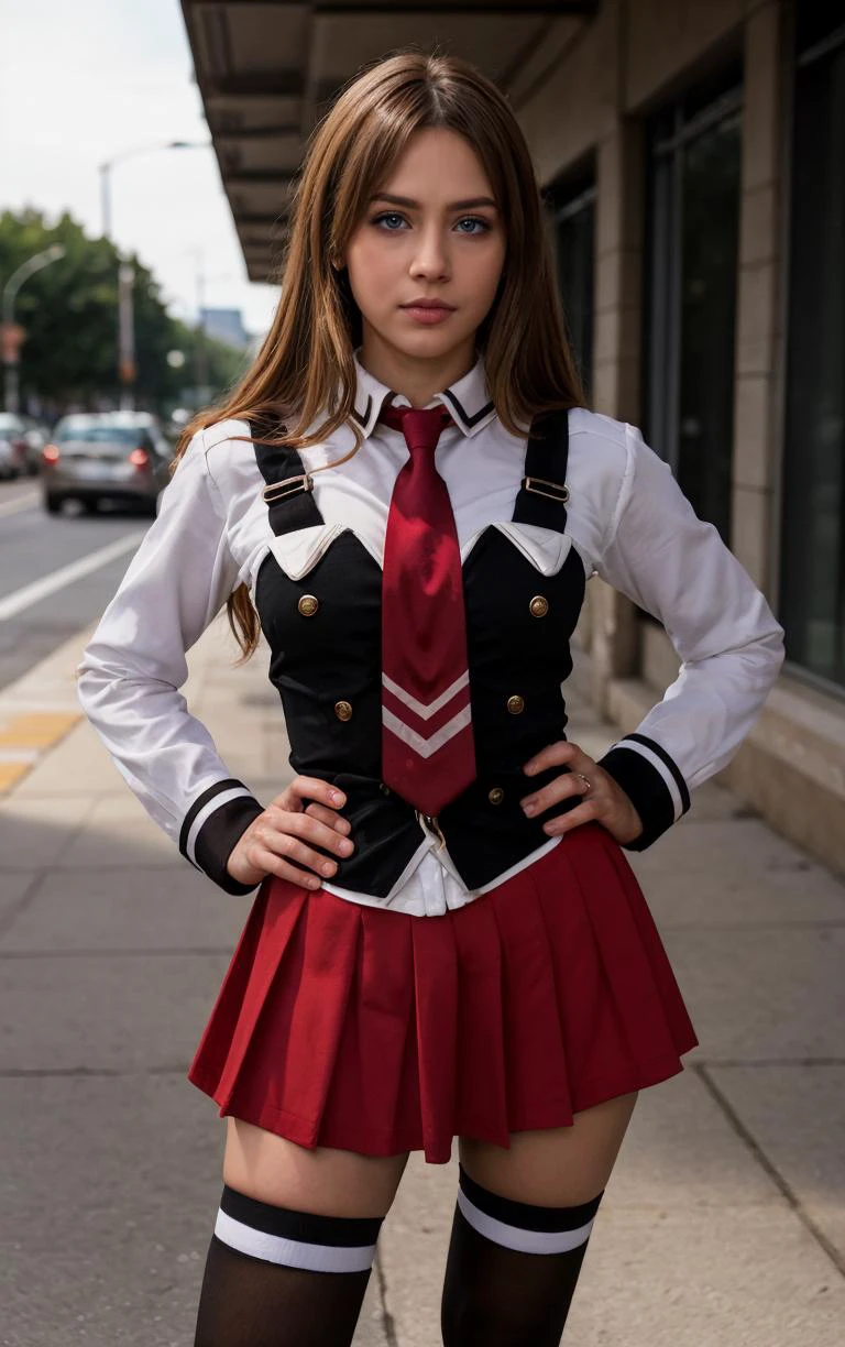((masterpiece, best quality)), insaneres, absurdres, solo, outdoors,
CLOTHING_BibleBlack_SchoolDress_ownwaifu,
1girl, blonde hair, long hair, blue eyes,
black vest, red skirt, white shirt, collared shirt, suspenders, school uniform, black thighhighs, zettai ryouiki, necktie, long sleeves, pleated skirt, red necktie,
(contrapposto, hand on hip)<lora:CLOTHING_BibleBlack_SchoolDress_ownwaifu:1>,
lens flare, depth of field, bokeh, embers, vanishing point, looking at viewer,