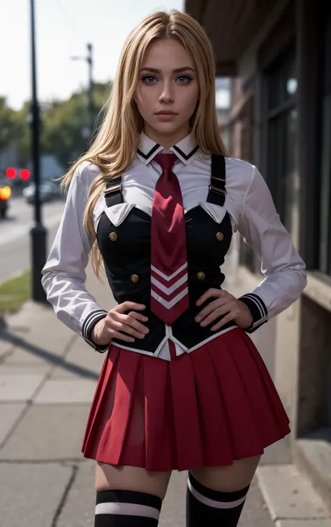 ((masterpiece, best quality)), insaneres, absurdres, solo, outdoors,
CLOTHING_BibleBlack_SchoolDress_ownwaifu,
1girl, blonde hair, long hair, blue eyes,
black vest, red skirt, white shirt, collared shirt, suspenders, school uniform, black thighhighs, zettai ryouiki, necktie, long sleeves, pleated skirt, red necktie,
(contrapposto, hand on hip)<lora:CLOTHING_BibleBlack_SchoolDress_ownwaifu:1>,
lens flare, depth of field, bokeh, embers, vanishing point, looking at viewer,