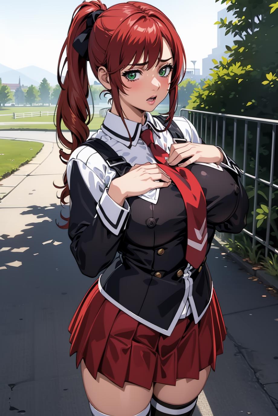 Anime girl in uniform posing for a picture on a sidewalk - SeaArt AI