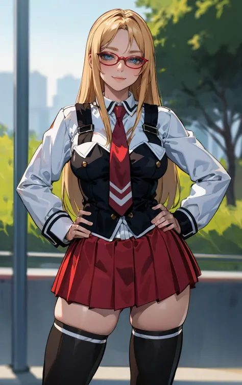 ((masterpiece, best quality)), insaneres, absurdres, solo, outdoors,
CLOTHING_BibleBlack_SchoolDress_ownwaifu,
1girl, blonde hair, long hair, blue eyes,
black vest, red skirt, white shirt, collared shirt, suspenders, school uniform, black thighhighs, zettai ryouiki, necktie, long sleeves, pleated skirt, red necktie,
(contrapposto, hand on hip)<lora:CLOTHING_BibleBlack_SchoolDress_ownwaifu:1>,
lens flare, depth of field, bokeh, embers, vanishing point, looking at viewer,