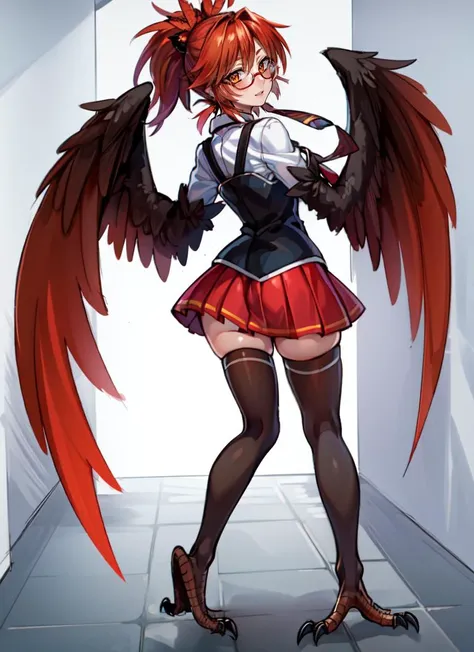 ((best quality)), ((highly detailed)), detailed face, beautiful face, , (1girl), (glasses), from behind, looking back, dynamic pose, full body, (((very wide shot))), <lora:BibleBlack_SchoolDress:.9>, CLOTHING_BibleBlack_SchoolDress_ownwaifu, white shirt, collared shirt, long sleeves, black vest, red necktie, red skirt, pleaded skirt, suspenders, zettai ryouiki, black thighhighs, <lora:hairdetailer:.6>, <lora:aiomonstergirls_aiov4LoraLycoris:.4>, <lora:animeHarpy_v10:1>, (harpy), red feathers, orange eyes, winged arms, (wings instead of hands), neck fur, bird legs, talons, medium breasts, (inside, in a hallway)