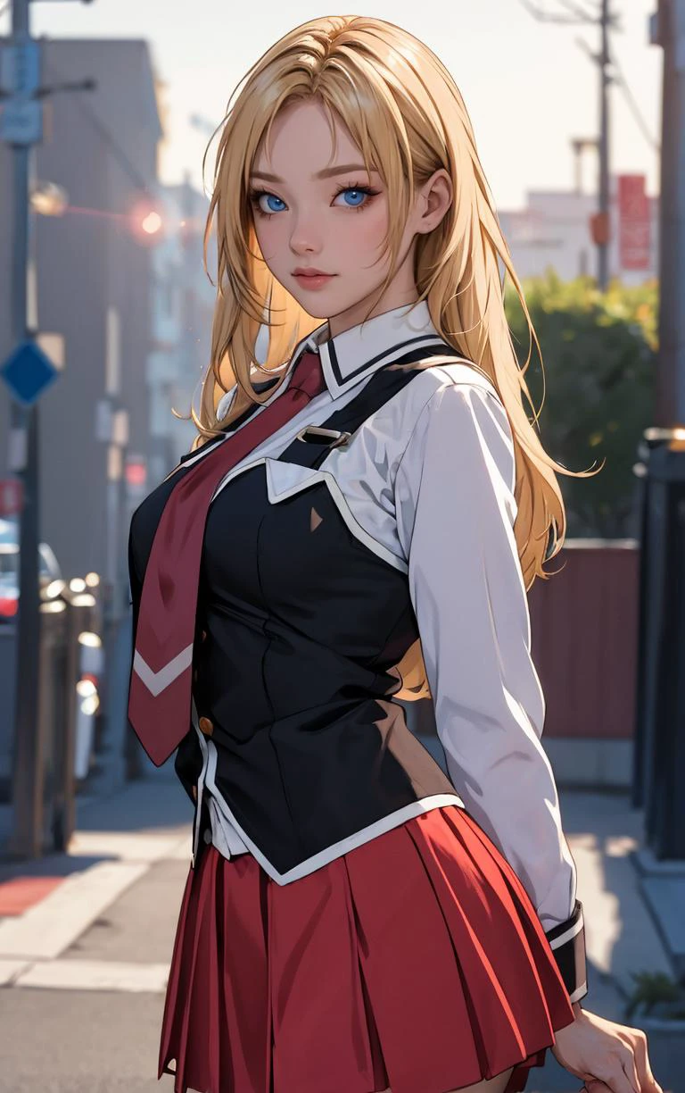 ((masterpiece, best quality)), insaneres, absurdres, solo, outdoors,
CLOTHING_BibleBlack_SchoolDress_ownwaifu,
1girl, blonde hair, long hair, blue eyes,
black vest, red skirt, white shirt, collared shirt, suspenders, school uniform, black thighhighs, zettai ryouiki, necktie, long sleeves, pleated skirt, red necktie,
(portrait, close-up)<lora:CLOTHING_BibleBlack_SchoolDress_ownwaifu:0.8>,
lens flare, depth of field, bokeh, embers, vanishing point, looking at viewer,