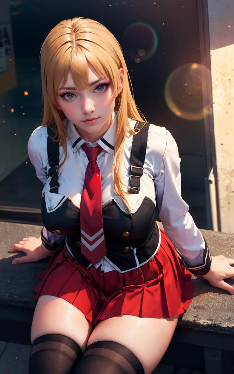 ((masterpiece, best quality)), insaneres, absurdres, solo, outdoors,
CLOTHING_BibleBlack_SchoolDress_ownwaifu,
1girl, blonde hair, long hair, blue eyes,
black vest, red skirt, white shirt, collared shirt, suspenders, school uniform, black thighhighs, zettai ryouiki, necktie, long sleeves, pleated skirt, red necktie,
(from above, sitting)<lora:CLOTHING_BibleBlack_SchoolDress_ownwaifu:0.9>,
lens flare, depth of field, bokeh, embers, vanishing point, looking at viewer,
