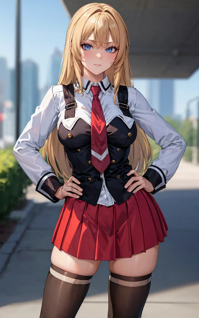((masterpiece, best quality)), insaneres, absurdres, solo, outdoors,
CLOTHING_BibleBlack_SchoolDress_ownwaifu,
1girl, blonde hair, long hair, blue eyes,
black vest, red skirt, white shirt, collared shirt, suspenders, school uniform, black thighhighs, zettai ryouiki, necktie, long sleeves, pleated skirt, red necktie,
(contrapposto, hand on hip)<lora:CLOTHING_BibleBlack_SchoolDress_ownwaifu:1>,
lens flare, depth of field, bokeh, embers, vanishing point, looking at viewer,