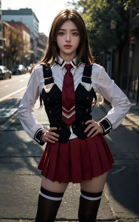 ((masterpiece, best quality)), insaneres, absurdres, solo, outdoors,
CLOTHING_BibleBlack_SchoolDress_ownwaifu,
1girl, blonde hair, long hair, blue eyes,
black vest, red skirt, white shirt, collared shirt, suspenders, school uniform, black thighhighs, zettai ryouiki, necktie, long sleeves, pleated skirt, red necktie,
(contrapposto, hand on hip)<lora:CLOTHING_BibleBlack_SchoolDress_ownwaifu:1>,
lens flare, depth of field, bokeh, embers, vanishing point, looking at viewer,