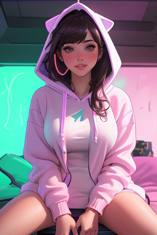 Merger_miranna_airy,
(sitting at a computer wearing headphones and playing games (holding a controller:1.2) wearing a (hoodie:1.2) in a (neon lit room:1.3), (gamer:1.2), gaming, (gamer girl:1.3), games, (purple lighting, neon:1.2):1.2),
bokeh, f1.4, 40mm, photorealistic, raw, 8k, textured skin, skin pores, intricate details <lora:epi_noiseoffset2:1>, epiCRealism