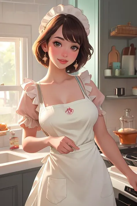 nijistyle, pov selfie, portrait of beautiful milf in white apron, bare shoulders, short black hair, kitchen, window, steam