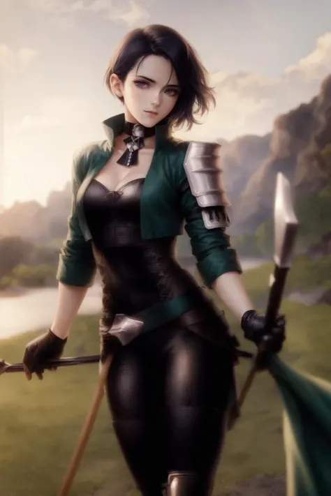 <lora:shamirFireEmblemThree_v1:0.8>, shamir, black gloves, adult woman, tall, (masterpiece:1.3), perfect lighting, ultra high quality cg, best quality, perfect image, solo, 1girl, shamir, outdoors, stables, cowboy shot, detailed background, small breast, boots, bow \(weapon\), holding, holding bow, quiver, green jacket, perfect face