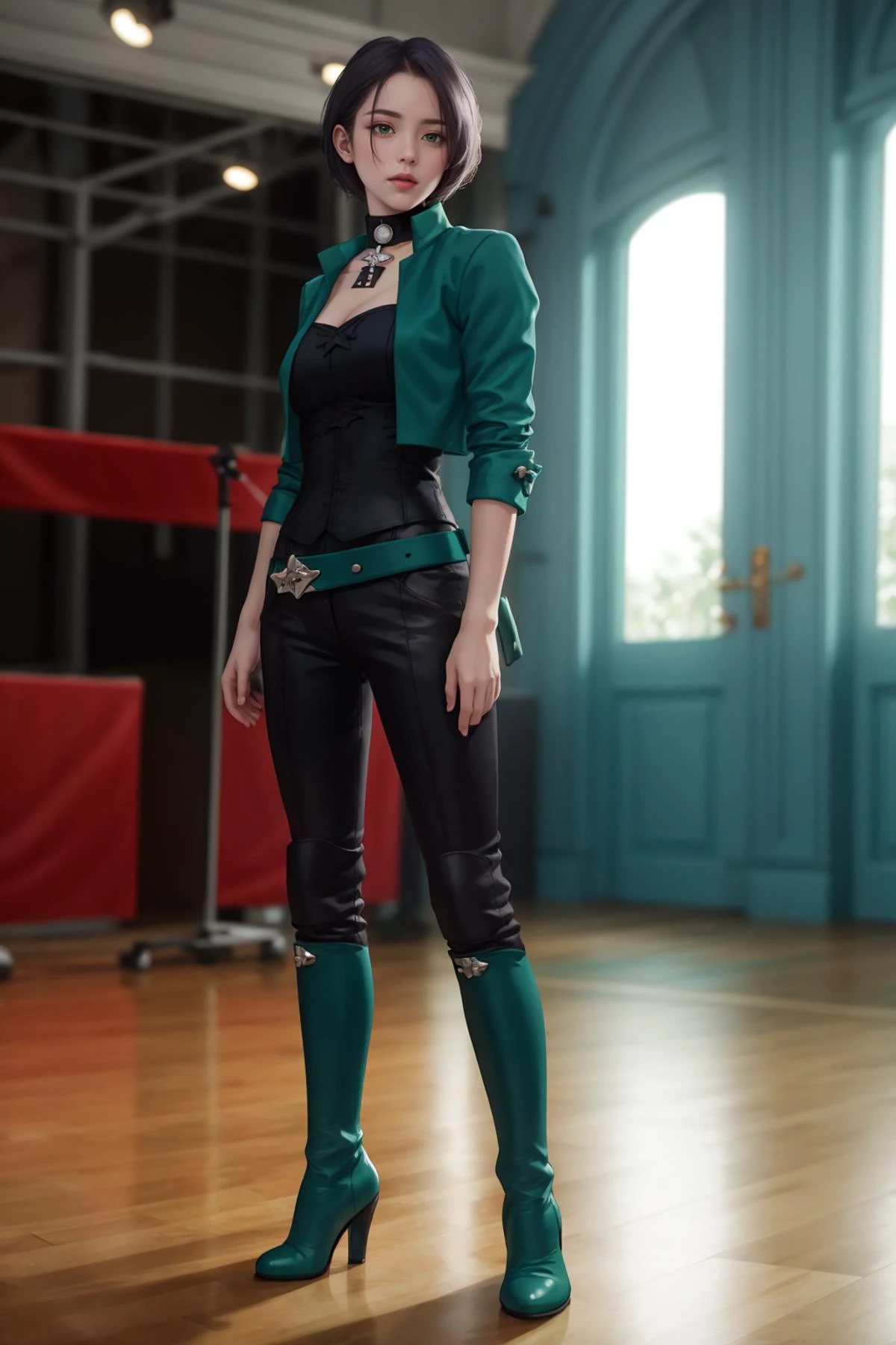8k,highres,absurdres,masterpiece,best quality,original,extremely detailed CG,extremely detailed wallpaper,perfect lighting,<lyco:GoodHands-beta2:1>,
1girl,solo,blurry_background,looking_at_viewer,standing on the stage,
<lora:shamir-nvwls-v3-2:0.7>,defShamir,collar,shoulder pad,black shirt,black gloves,bodice,green jacket,green belt,black pants,green boots,