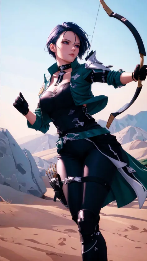 <lora:shamir-nvwls-v3-final:0.8> defShamir, 1girl, collar, shoulder pad, black shirt, black gloves, bodice, green jacket, green belt, black pants, green boots, BREAK, <lora:mounted archery:0.6> mounted archery, archery, bow \(weapon\), masterpiece, best quality, extremely detailed, highly quality, 4k, sharp focus, professional, sharp focus, award winning, cinematic lighting, octane render, unreal engine, volumetrics dtx, Wallpaper,