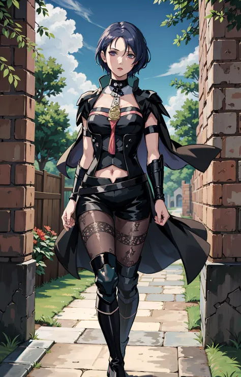 Garreg Mach monastery, garden,outside, daytime, look at viewer, stilettos,defShamir, detached collar, black cape, black crop top, breastplate, tassel, belt, short shorts, gauntlets, patterned pantyhose, high heel boots, small breasts,, hands in fists
<lora:shamir-nvwls-v3-final:0> <lora:byleth-nvwls-v2:0>