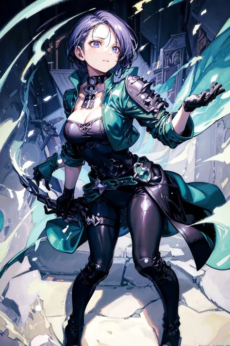 thick outlines, comics, photorealistic, perfect hands, masterpiece:1.2, medieval, castle, colorful, 1 girl, solo, <lora:shamir-nvwls-v3-2:0.8>, defShamir, collar, shoulder pad, black shirt, black gloves, bodice, green jacket, green belt, black pants, green boots, small breast, detailed background, detailed face, detailed eyes, <lora:add_detail:0.8>