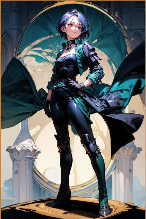 thick outlines, comics, photorealistic, perfect hands, masterpiece:1.2, medieval, castle, colorful, 1 girl, solo, <lora:shamir-nvwls-v3-2:0.8>, defShamir, collar, shoulder pad, black shirt, black gloves, bodice, green jacket, green belt, black pants, green boots, small breast, detailed background, detailed face, detailed eyes, <lora:add_detail:0.8>
