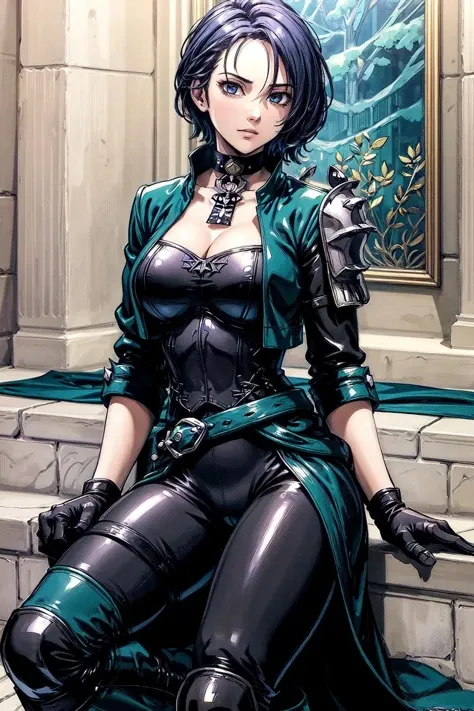 thick outlines, comics, photorealistic, perfect hands, masterpiece:1.2, medieval, castle, colorful, 1 girl, solo, <lora:shamir-nvwls-v3-2:0.8>, defShamir, collar, shoulder pad, black shirt, black gloves, bodice, green jacket, green belt, black pants, green boots, small breast, detailed background, detailed face, detailed eyes, <lora:add_detail:0.8>